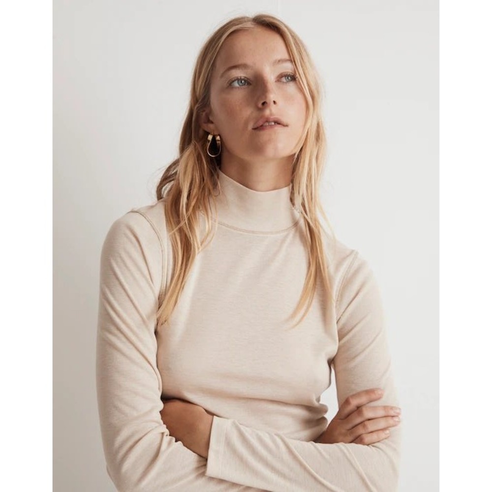Madewell Semi sheer Mock Neck Tee Long Sleeve Top Beige‎ Essential Basic Women